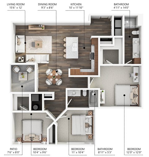Floor plan for 3 beds, 2 baths, 1265 sqft